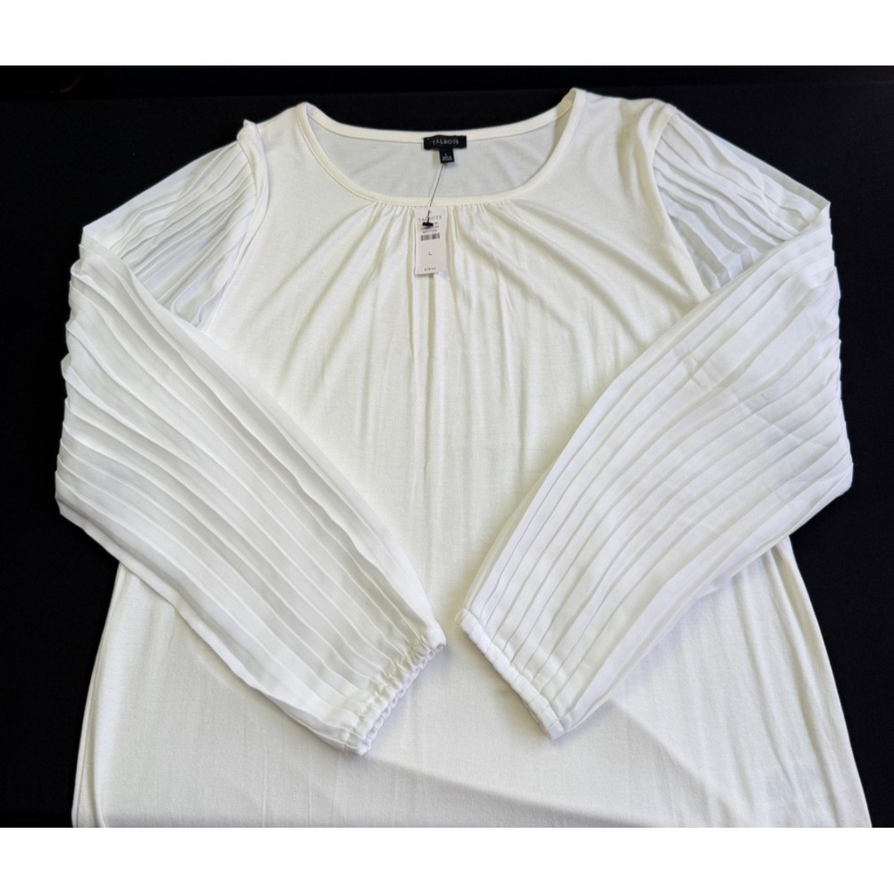 NEW Talbots Long Pleated Sleeve Blouse‎ Top Womens Large Ivory Pullover Knit